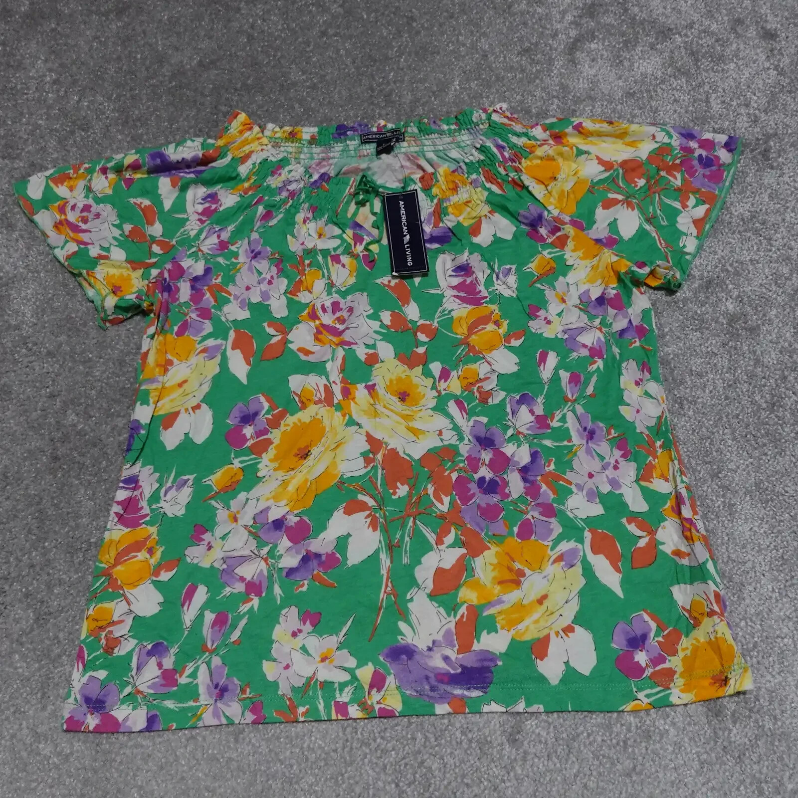 American Living Blouse Top Women’s Large Green Multicolor Round Elastic Neck