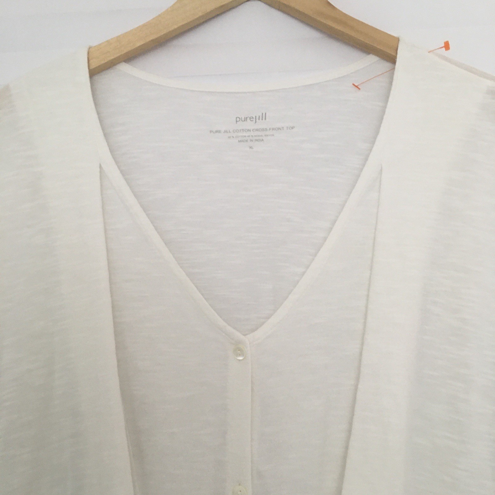 Pure Jill Cotton Cross Front Top XL 3/4 Sleeve Pullover Button Front Off White