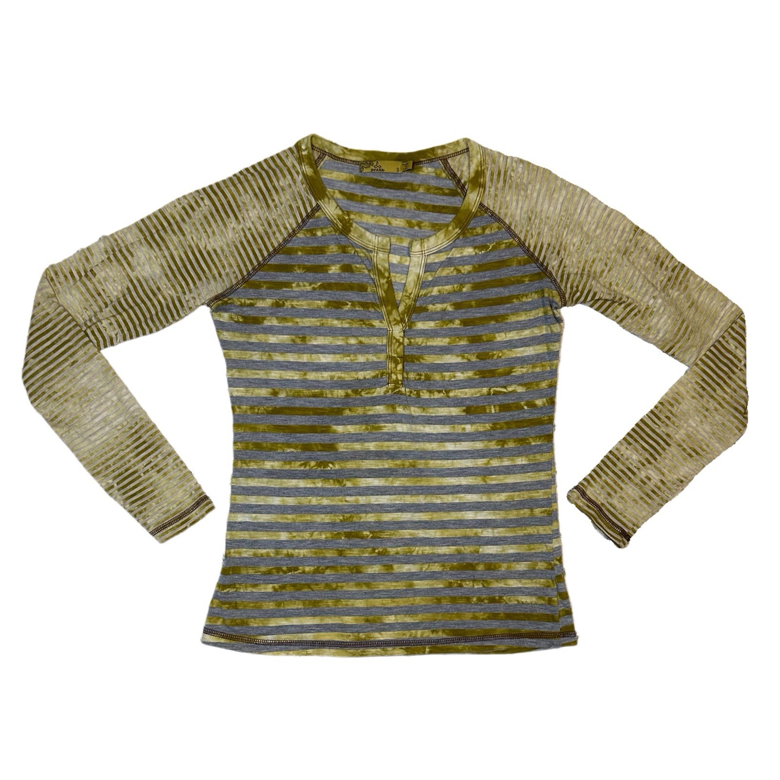 Prana Striped Henley Long Sleeve Top S Chartreuse Gray V-Neck Casual Tie Dye