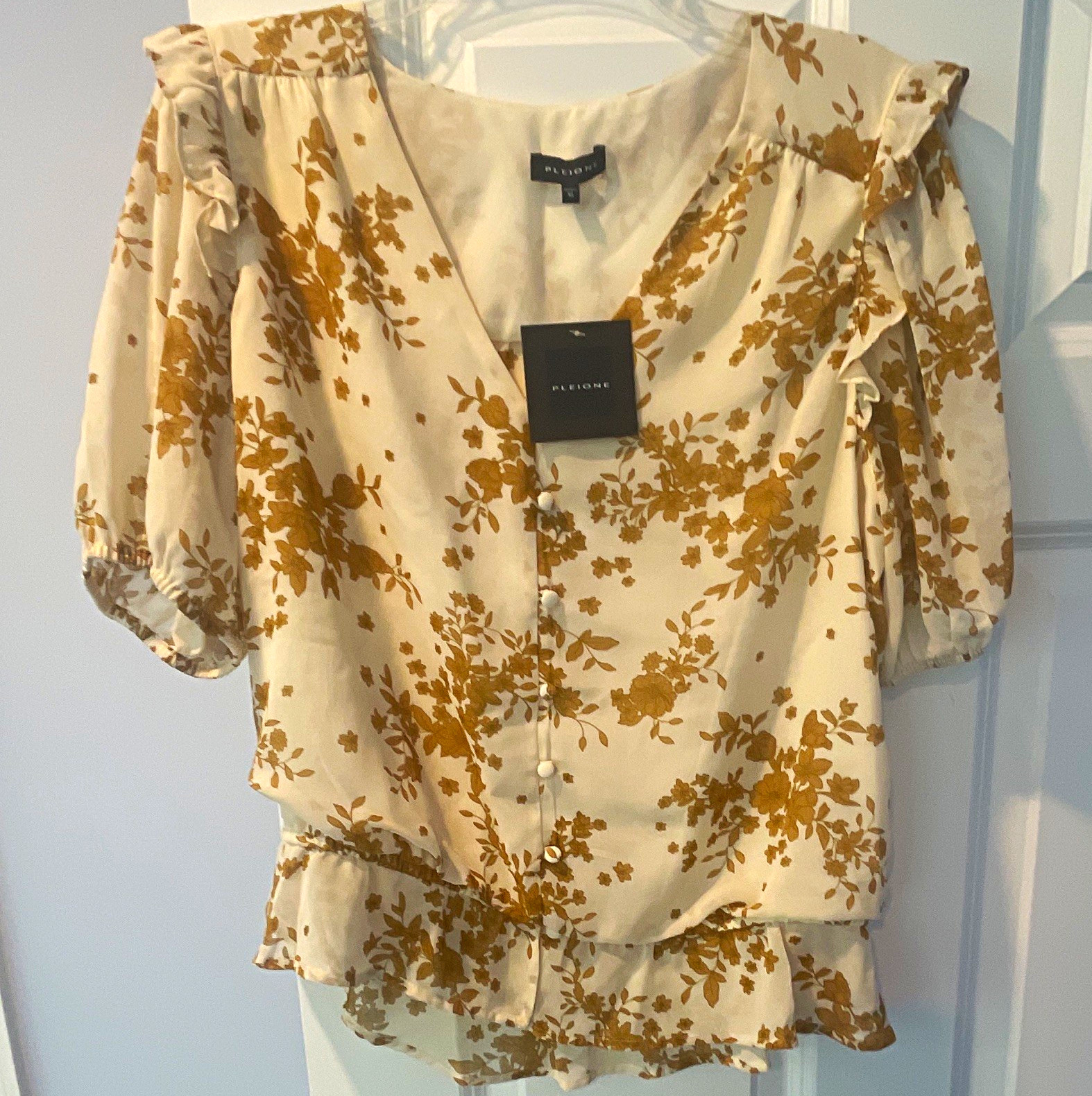 Pleione Women’s XL Floral V-Neck Puff Sleeve Ruffle Button Blouse White Brown