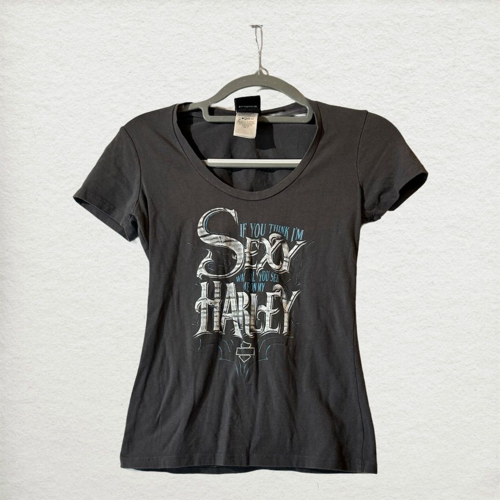 Harley-Davidson Women’s Tee S Sexy Graphic USA Made Okoboji Biker Babe Y2K Moto