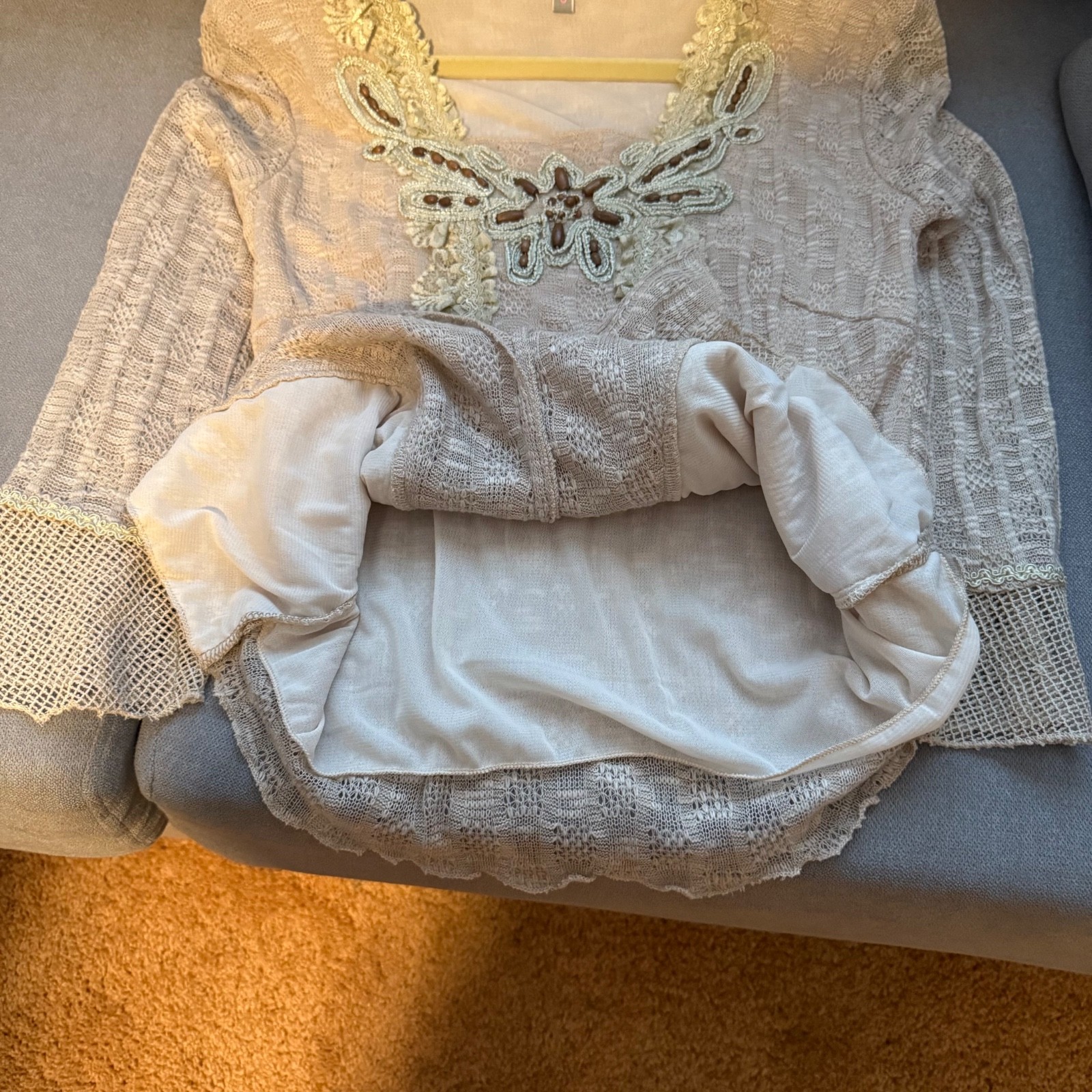 Pretty Angel Linen Blend Top Lace Bead Trim Size Small Fairy Bohemian