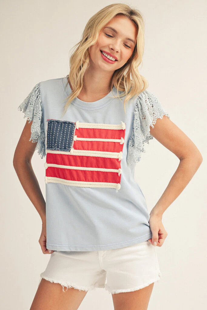 JODIFL Blue Lace Short Sleeve Patch-Embellished American Flag Top