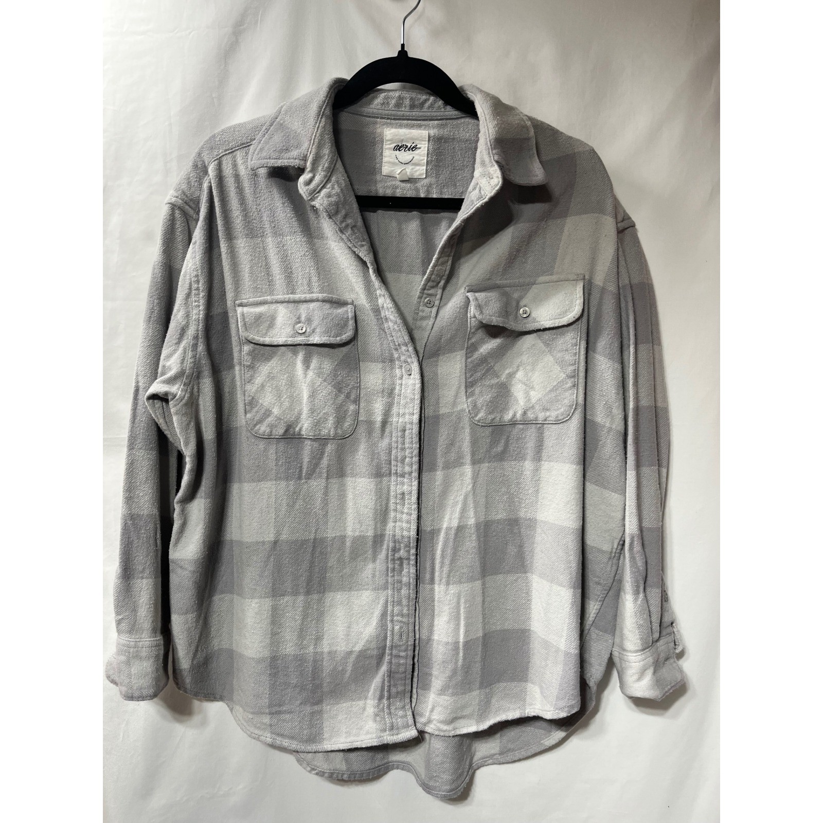 Aerie Grey Buffalo Plaid Flannel Button Down Oversized Shirt Womens Small S