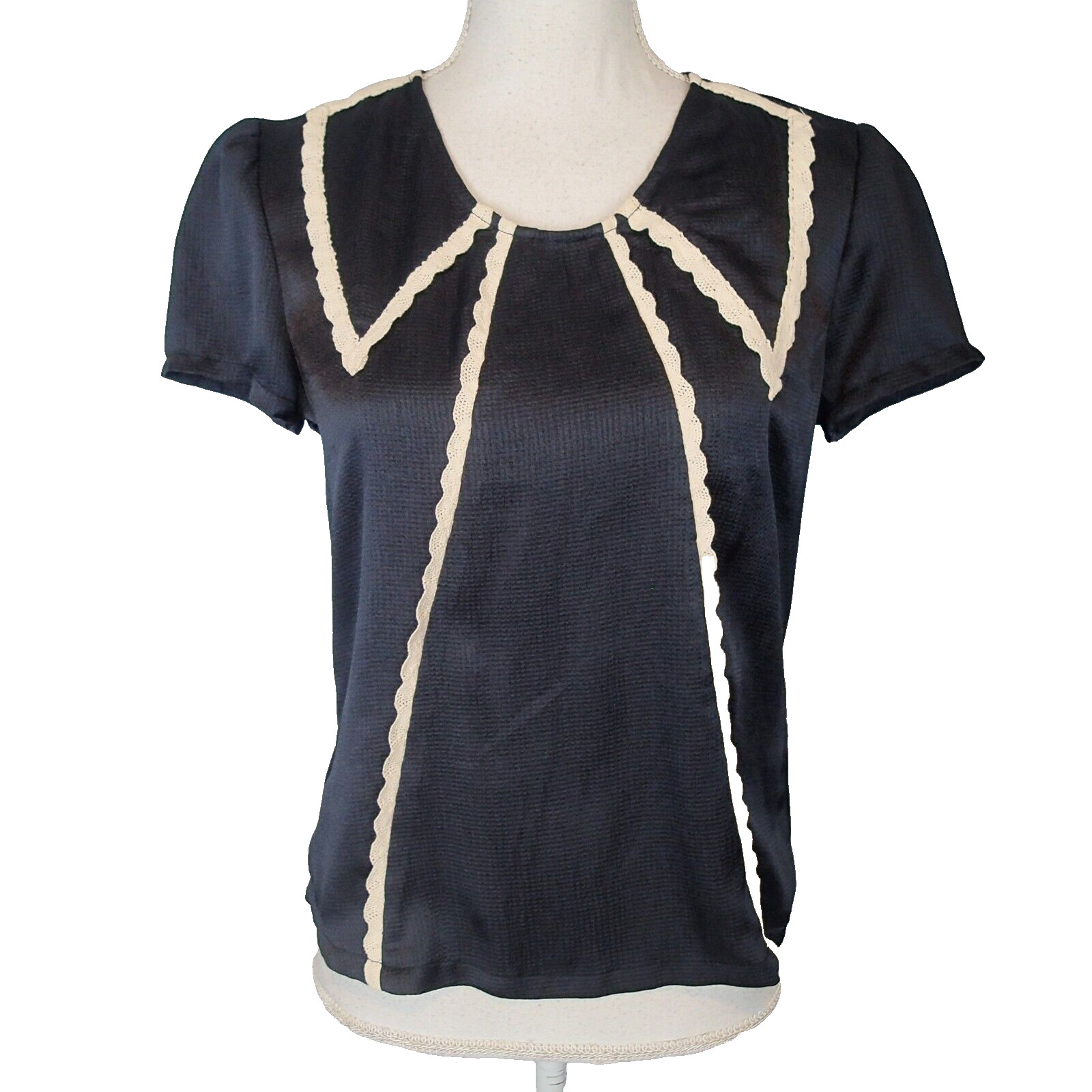 tulle Los Angeles blouse Top Sz m black white lace trim gold tone buttons back