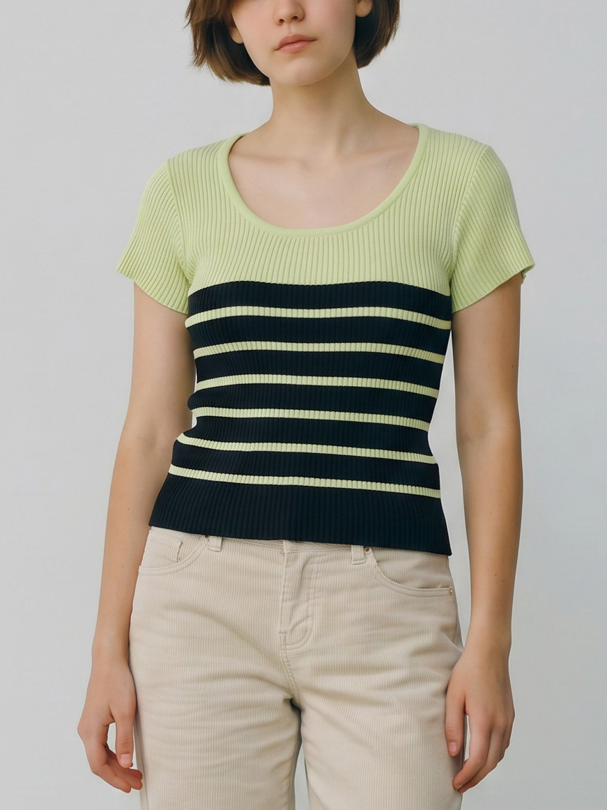 Ribbed Knit Tee, Lime Green, Black Stripes – Size M – Tailor by B.Moss