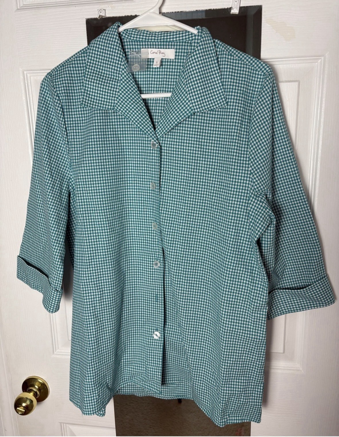 Coral Bay Button Down 3/4 Sleeves Gingham Top Green Women’s Size S