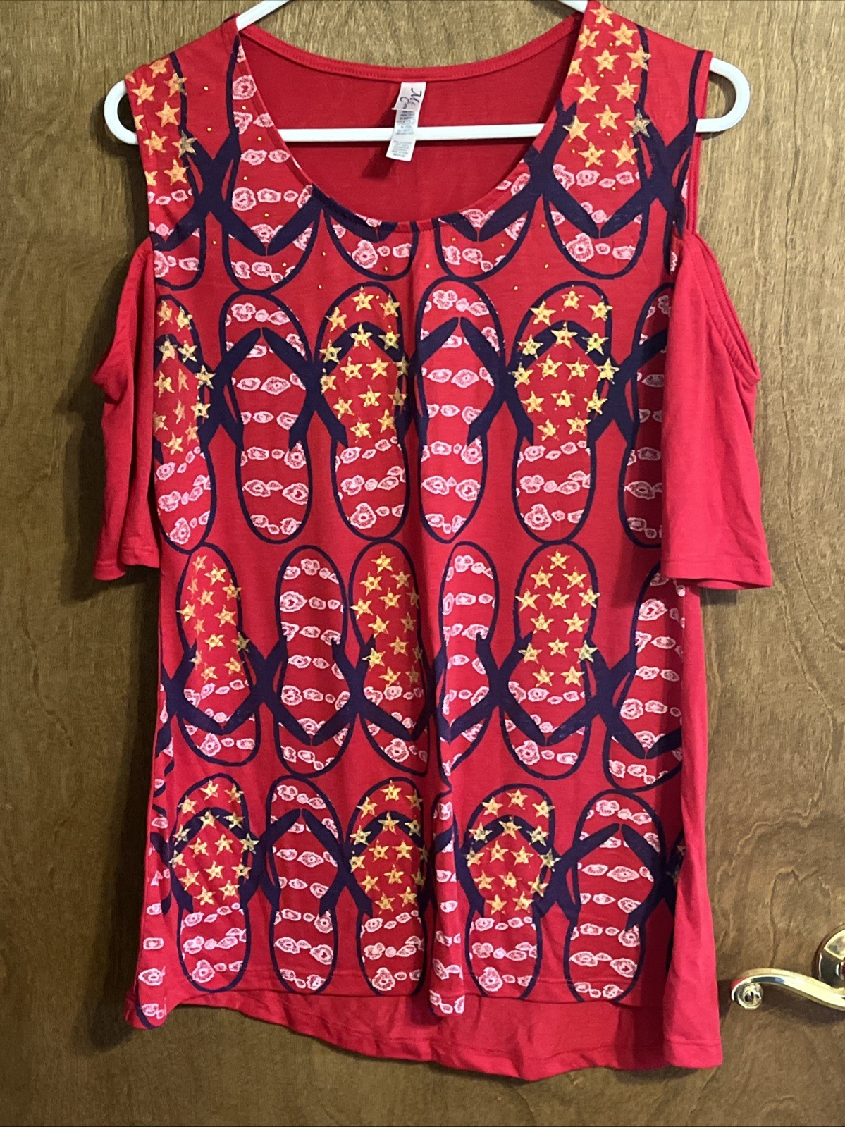 MC Sportswear Women’s Red Cold Shoulder Blouse w/Sequined Flip Flop Print Size M
