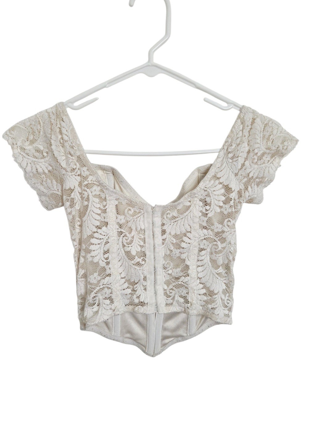 VTG Y2K On Gossamer Ivory Lace Corset Crop Top M Off Shoulder Boned Coquette
