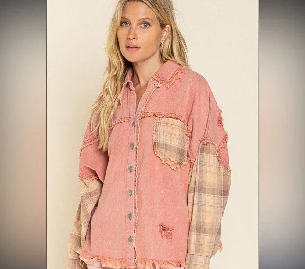 POL Pink Distressed Denim Plaid Patchwork Shirt Jacket Small Women’s Oversize