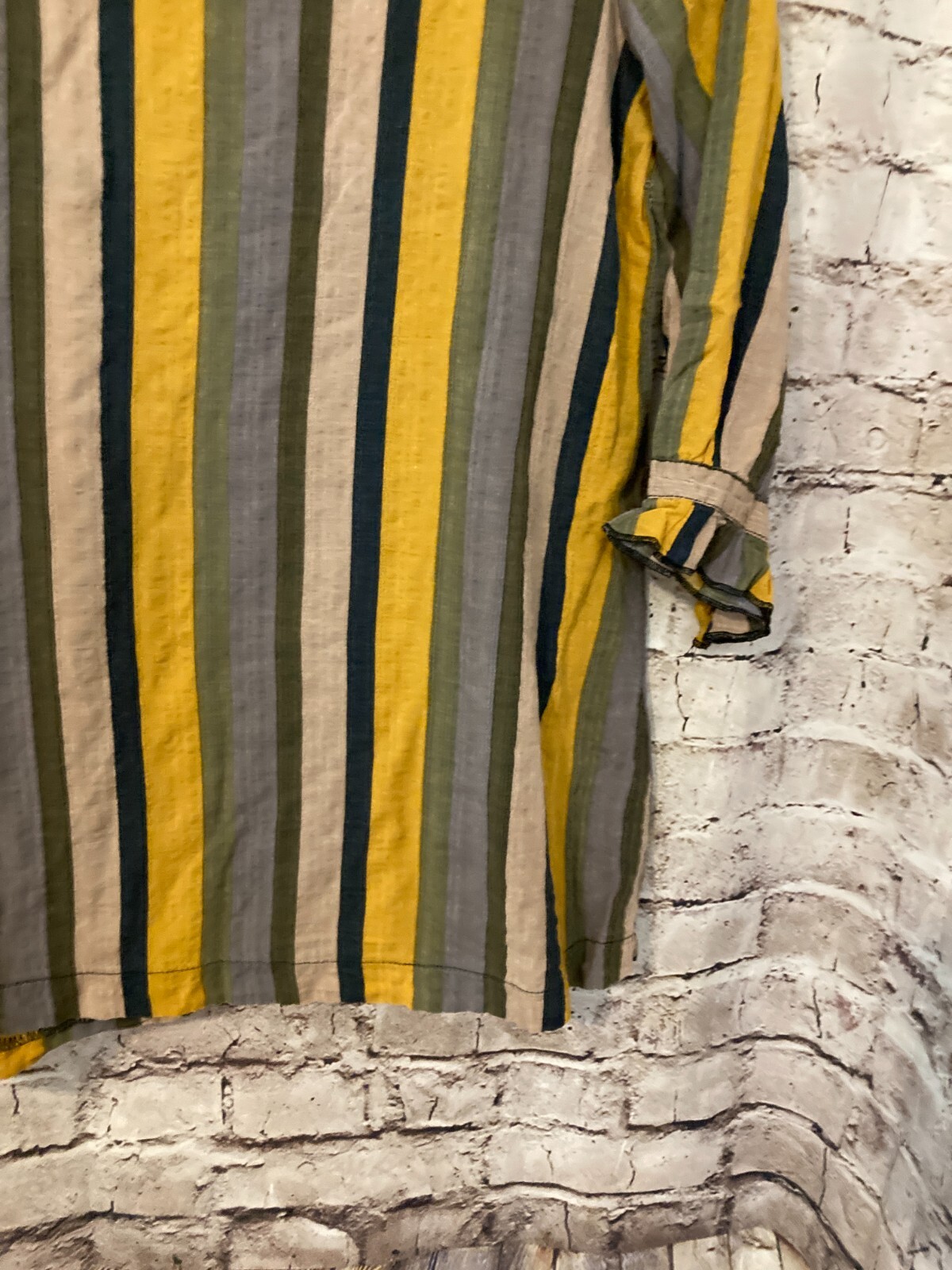 Emery Rose Top Womens Medium Mustard & Olive Vertical Striped Bell Sleeve