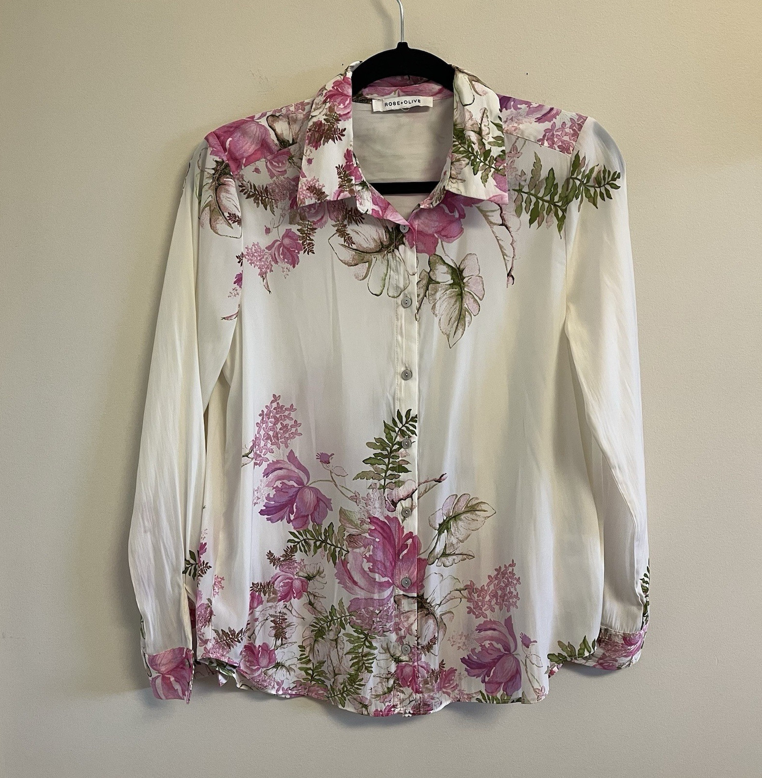Rose + Olive Fairy Women’s White Pink Green Floral Resort Tropical Blouse M