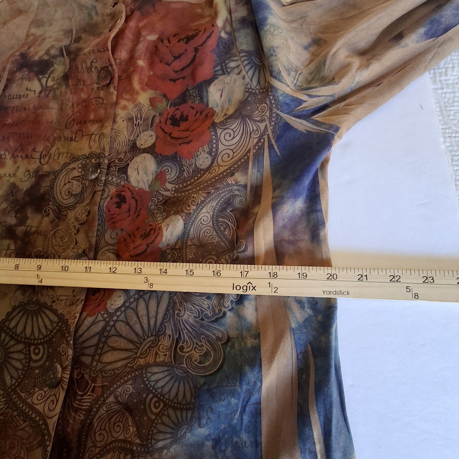 FANTAZIA Lagenlook Tunic Shirt 1X Art To Wear Rose Floral Script Made in USA ITY