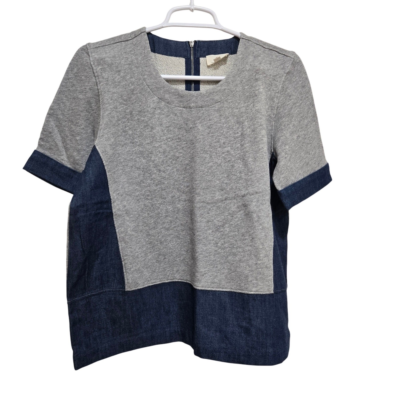 AG Adriano Goldschmied Mila Top XS Gray Denim Contrast Cotton Short Sleeve