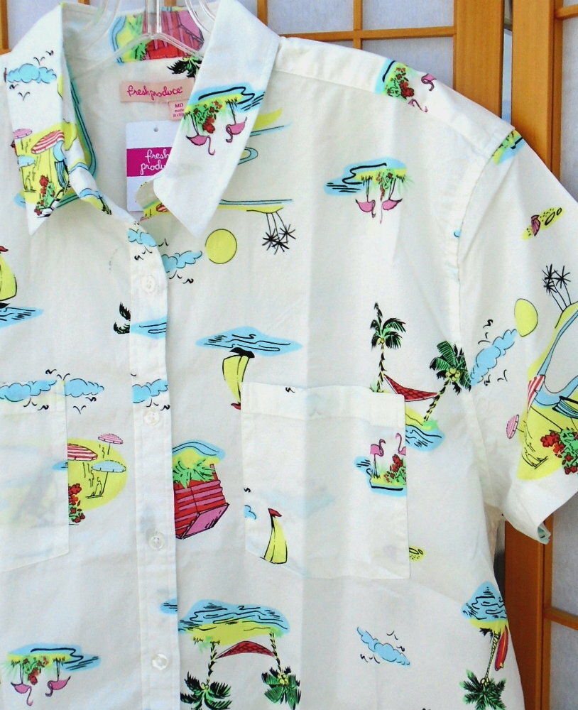 nwt FRESH PRODUCE Medium white Beachy Keen Oxford Camp Shirt cotton/spandex $65.