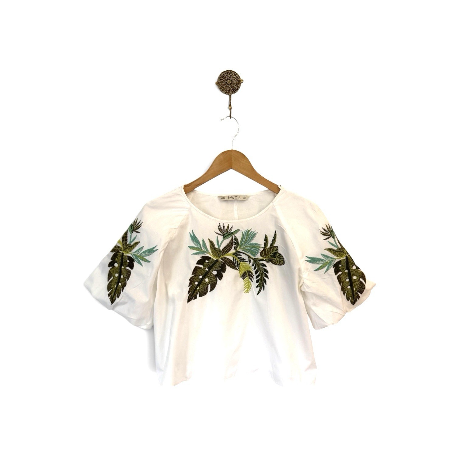 Zara Basic Collection Tropical Embroidered Poplin Boxy Top Size Sm Pre-Owned EUC