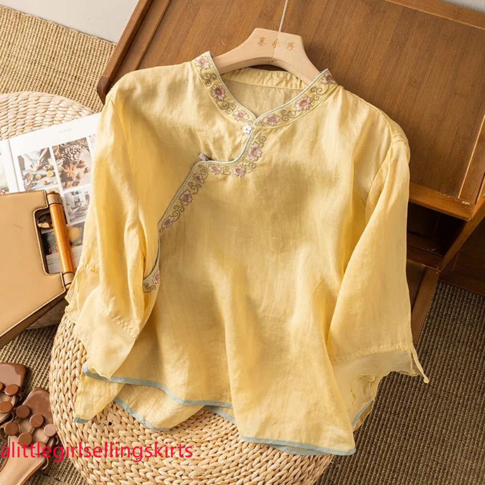 Women Embroidered Floral Top Chinese Ethnic Shirt Blouse Casual Loose Thin Chic