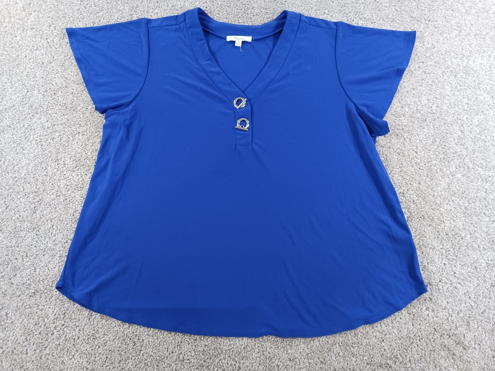 89TH + Madison 1X Plus Womens Short Sleeve Shirt Blouse Blue V-Neck Toggle