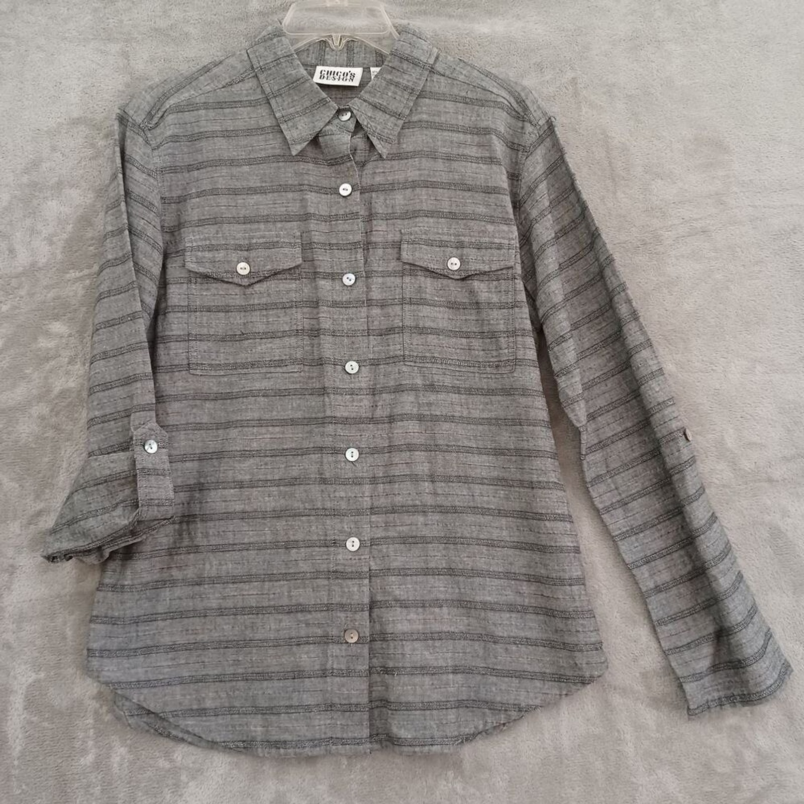 Chicos Shirt Sz 1 / M Utility Button Up Long Roll Tab Sleeves Gray Light Preppy