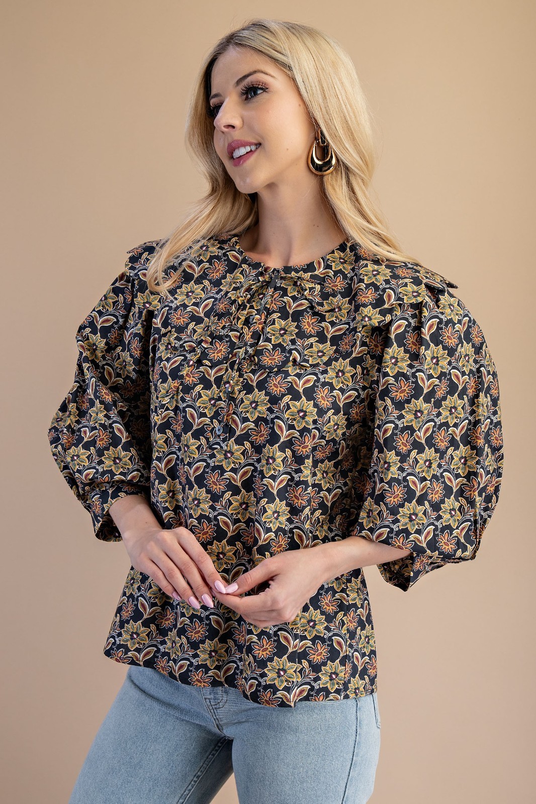 Gigio by Umgee Black Multi Scalloped Peter Pan Collar Blouse 3/4 Balloon Sleeve