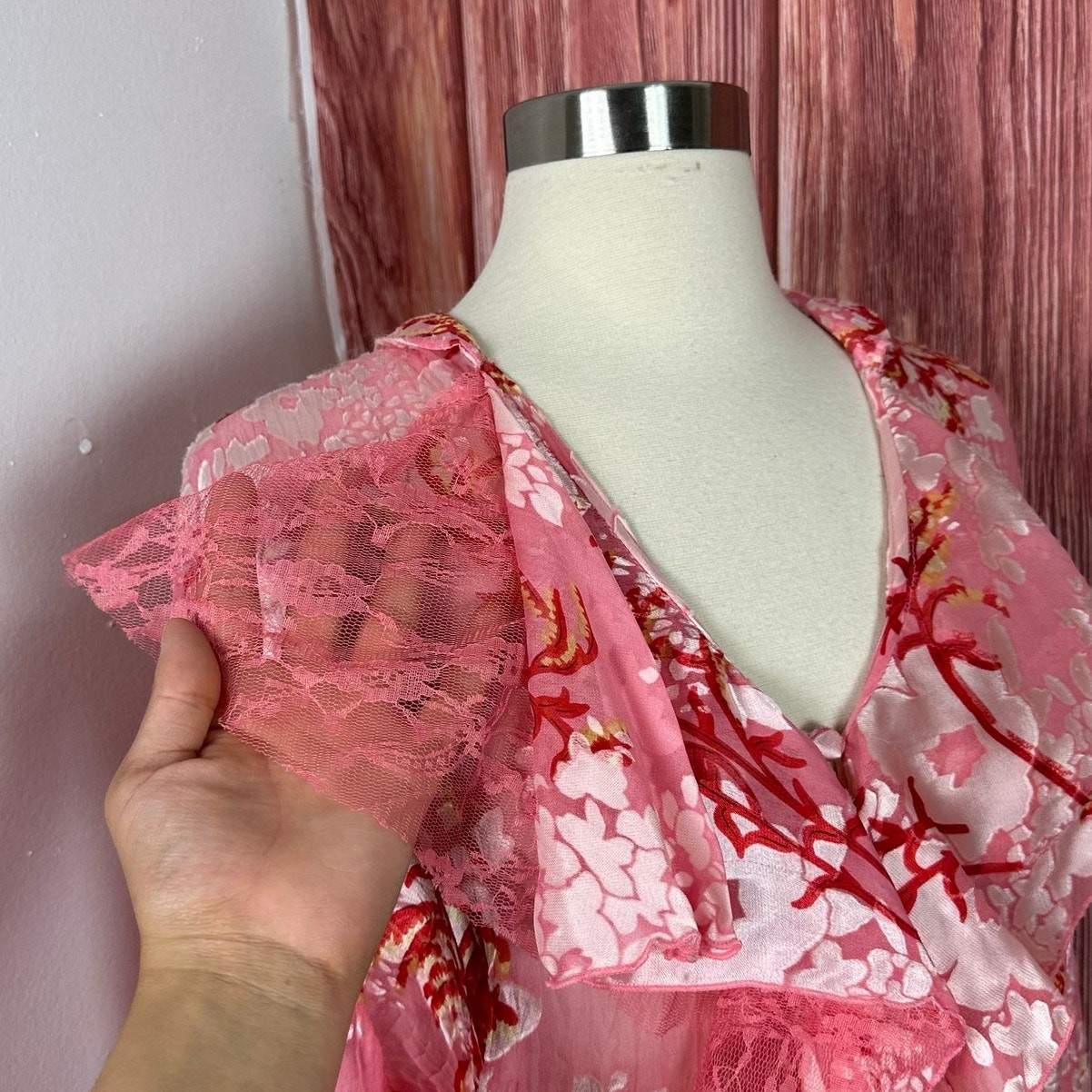 Y2K Fantazia Pink Lace Blouse Victorian Silk Blend Sheer Whimsy Womens Size XL