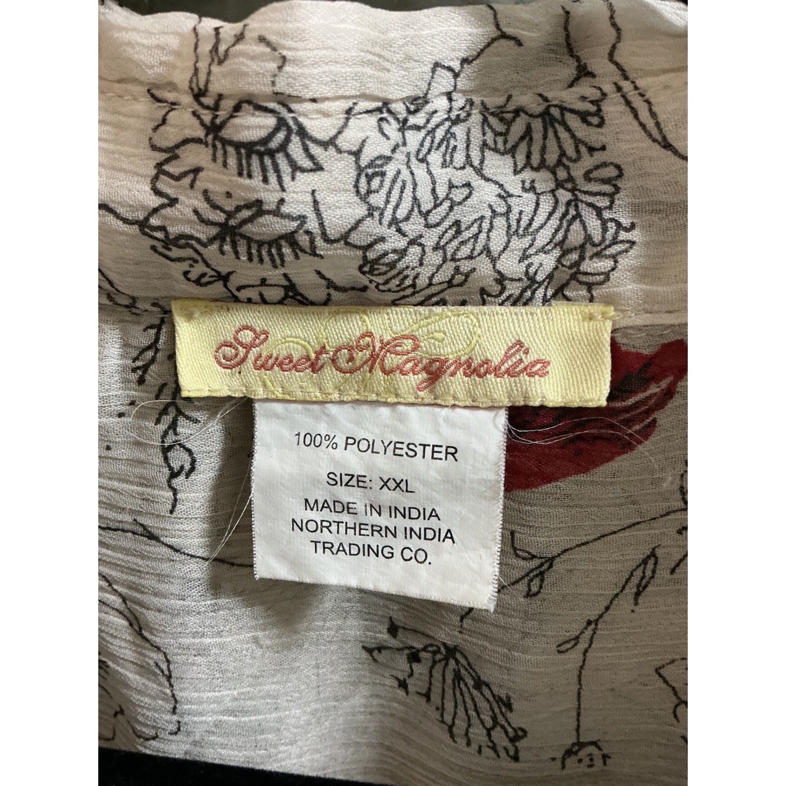 Sweet Magnolia Bird Floral Print Sheer Button Down Blouse Cream XXL