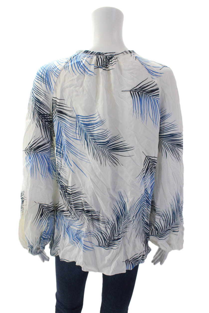 Charlotte Brody Womens Silk Leaf Print Blouse White Blue Size Large