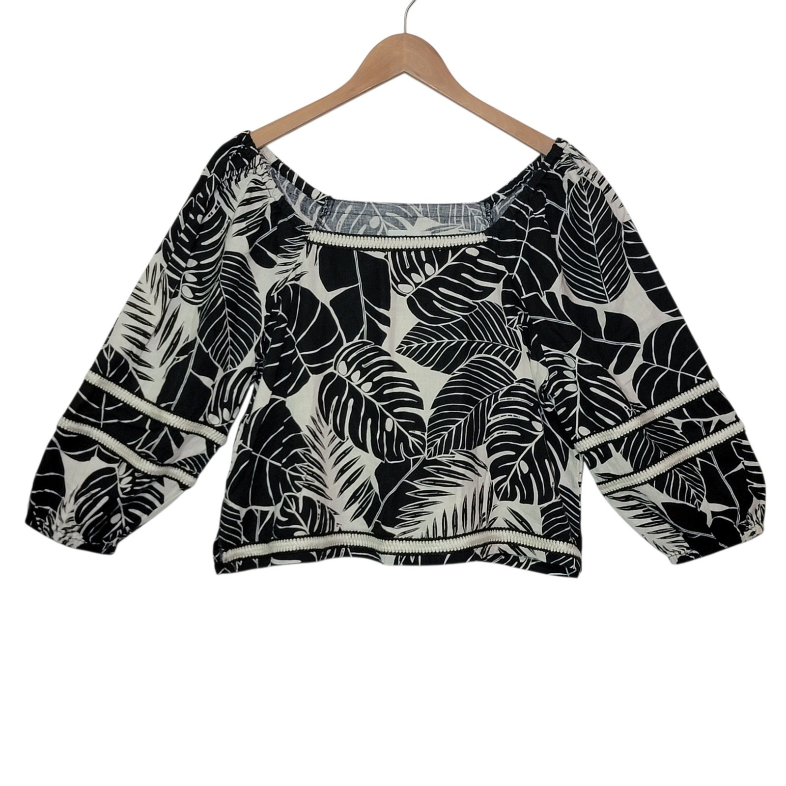 Cynthia Rowley Tropical Palm Print Black White Linen Blend 3/4 Sleeve Top S