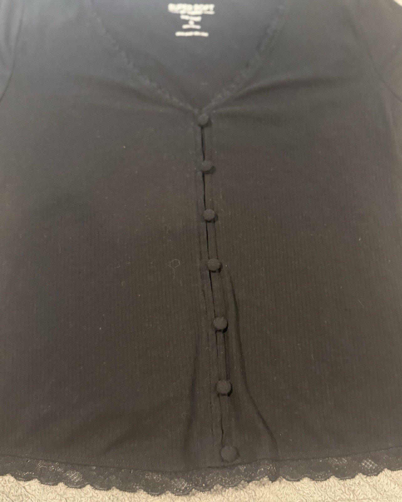 Torrid 0 Top Black Solid Rib Knit V-Neck Short Sleeve Button Lace Trim