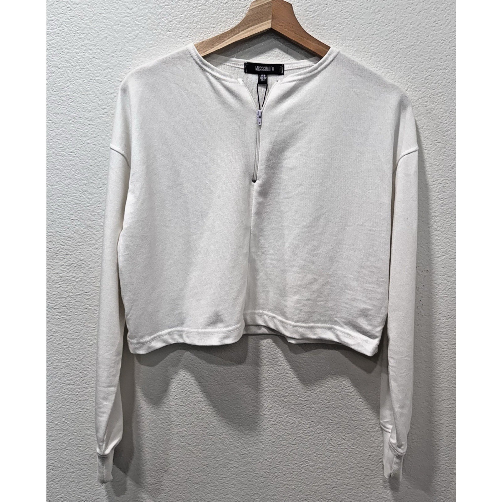 Missguided Women Top US 4 White Cotton Blend Long Sleeve Cropped Casual Shirt