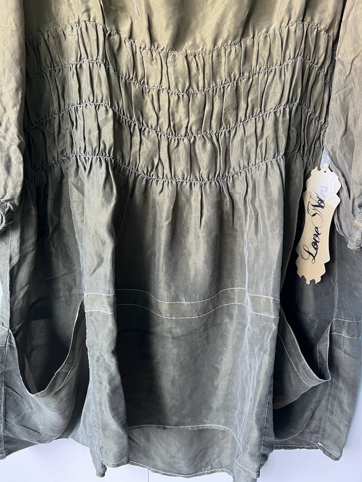NWT Love Notes 100% silk Smocked Tunic Top XL Olive Khahi Boho Bishop Sleeve