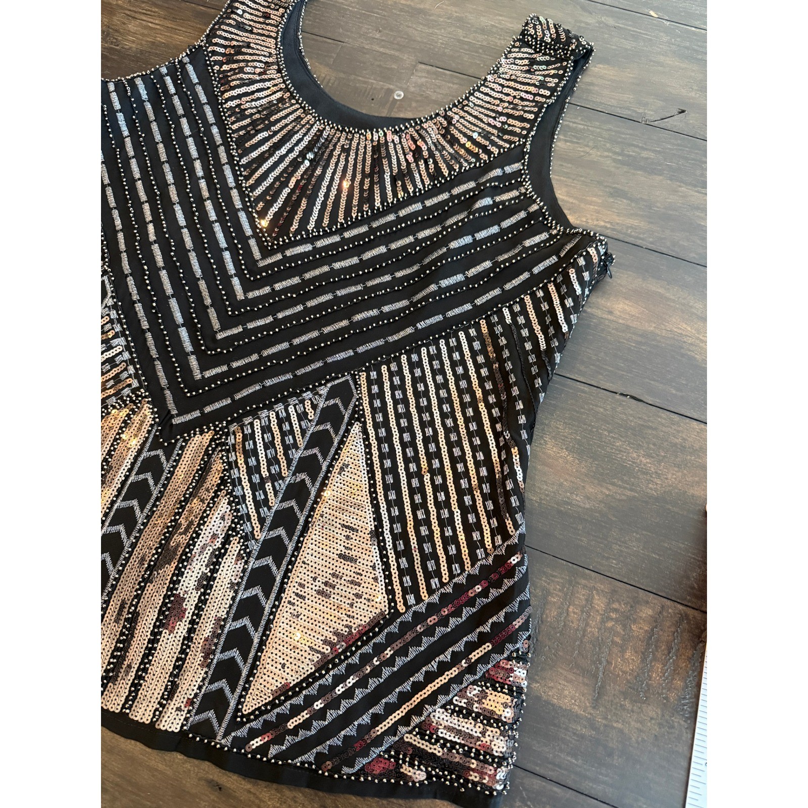Cupio Sequin Embroidered Art Deco Tank Top Black Gold Silver Size Large