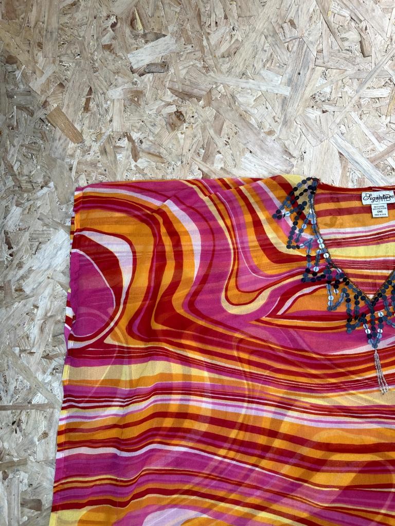 Signature Club A Kaftan Top Womens One Size Pink Orange Psychedelic Sequin