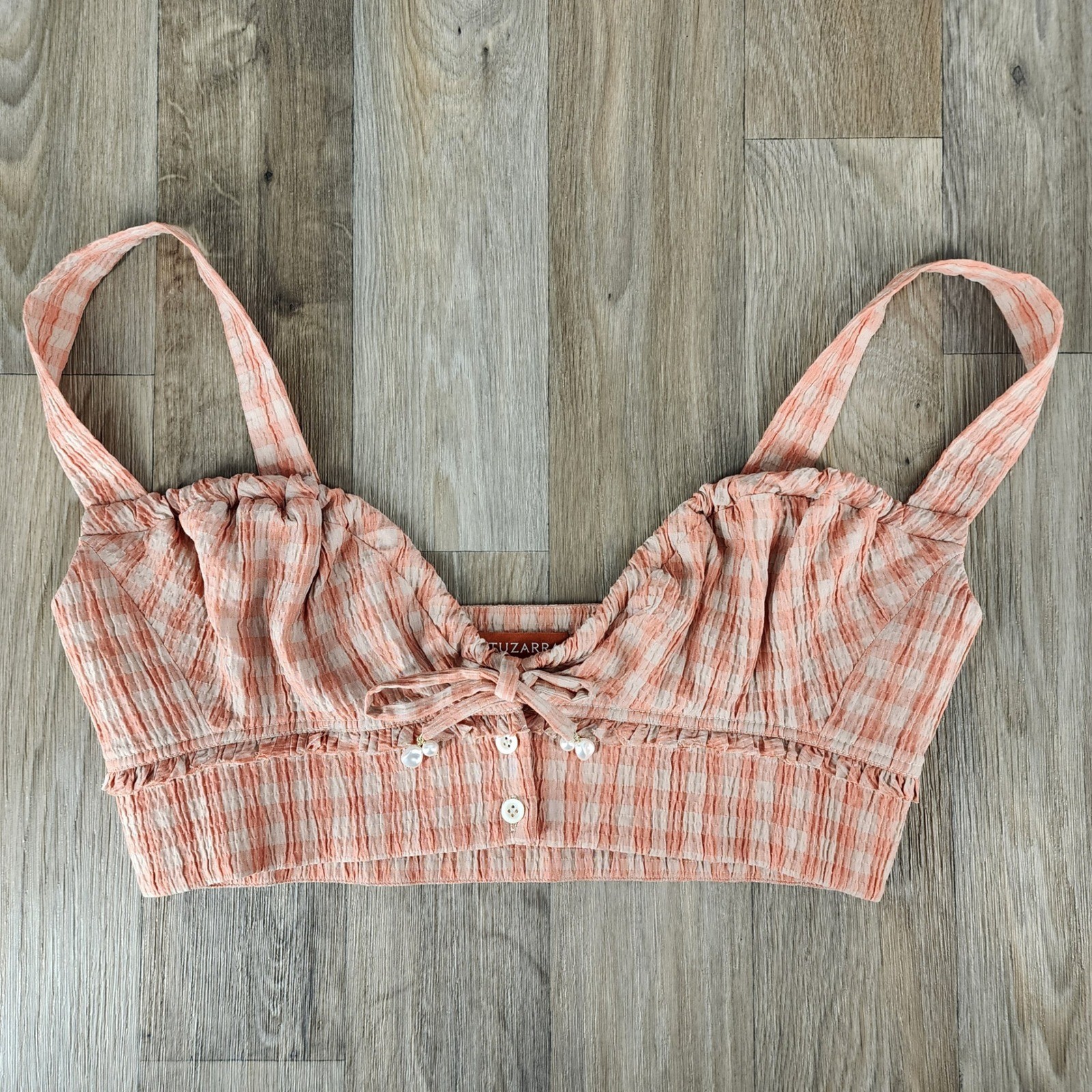 Altuzarra Gingham Seersucker Bralette Crop Top Orange Tan Pearl Size 38 US Small