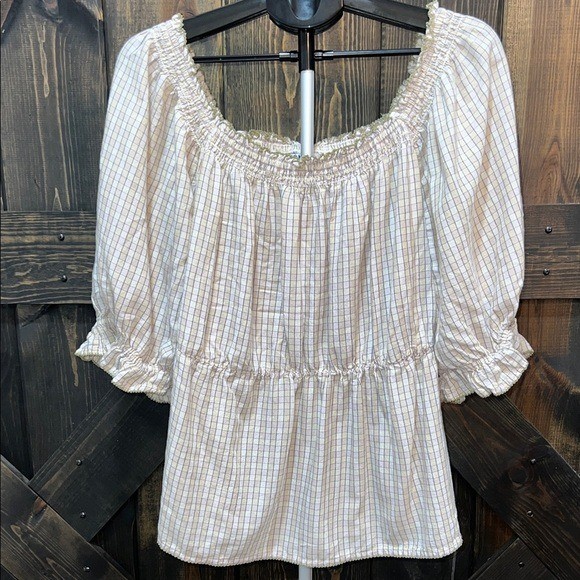 Old Navy Beige Gingham Plaid Smocked Babydoll Top 3X Ruffles Cottagecore Boho