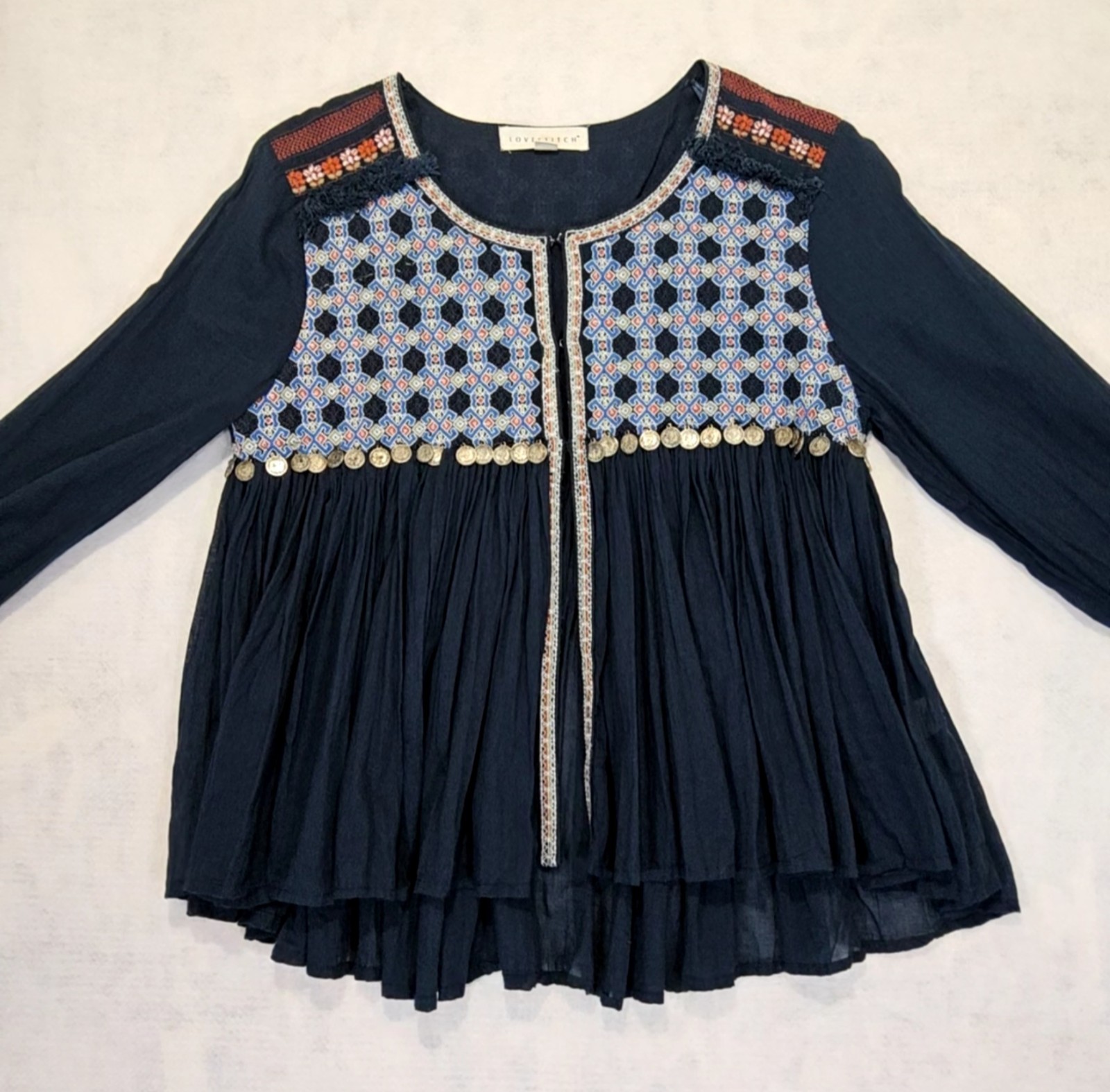 Sz M LoveStitch Boho Top Tapestry Embroidered Coin Gipsy Blouse Shirt Vtg Hippie