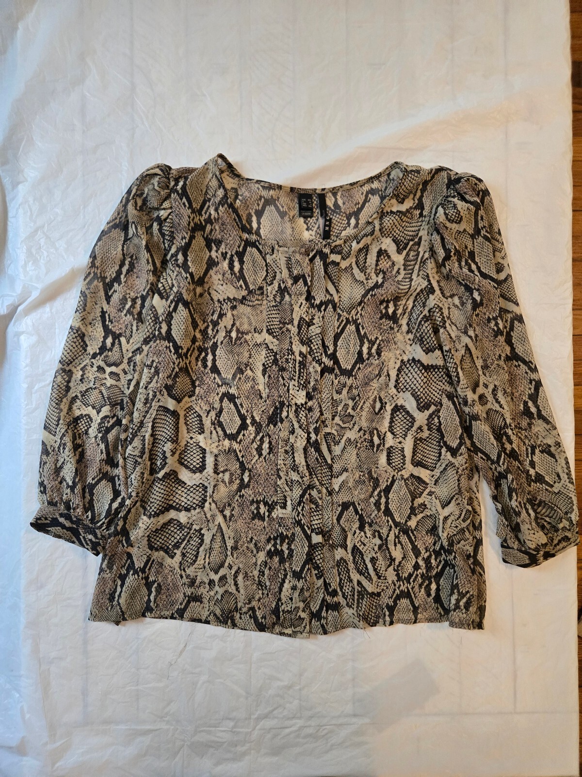MNG Mango Snake Print Blouse Women’s XXL US 12 Beige Black Puff Sleeve Tie Neck