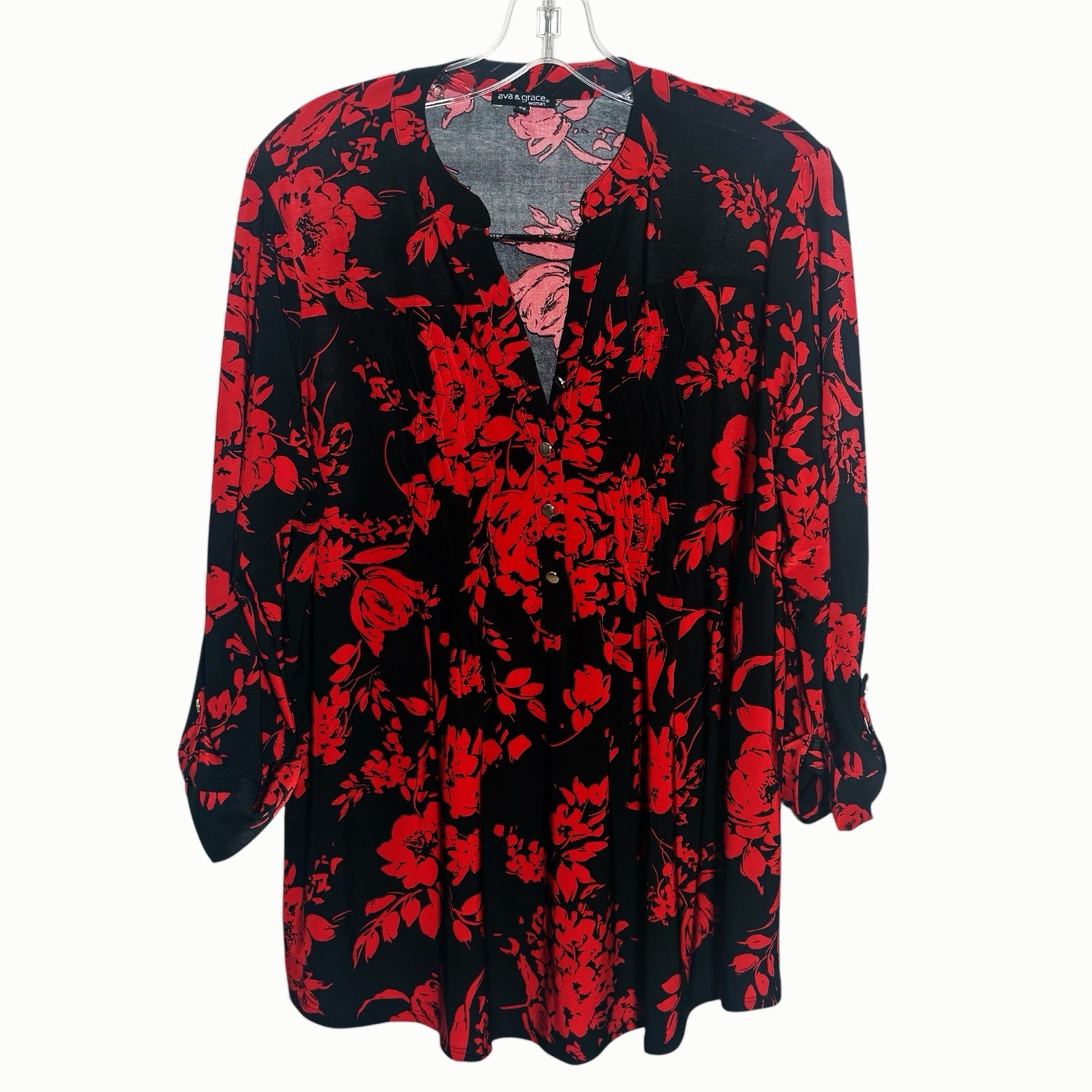 Ava & Grace Women 3/4 Sleeve Roll Tab Floral Blouse Top Black Red Plus Sz 1X