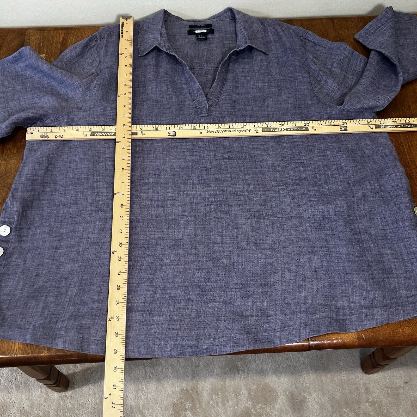 Tahari Womens 100% Linen Tunic Top 3X Blue Split Neck Popover Button Side Detail