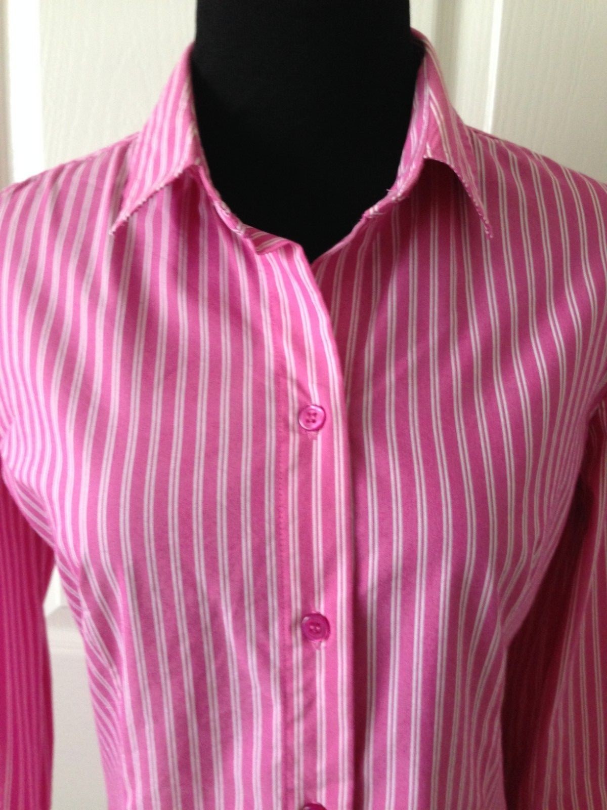 NEW YORK & CO STRETCH PRETTY PINK/WHITE STRIPED COTTON BLEND BLOUSE – SIZE S
