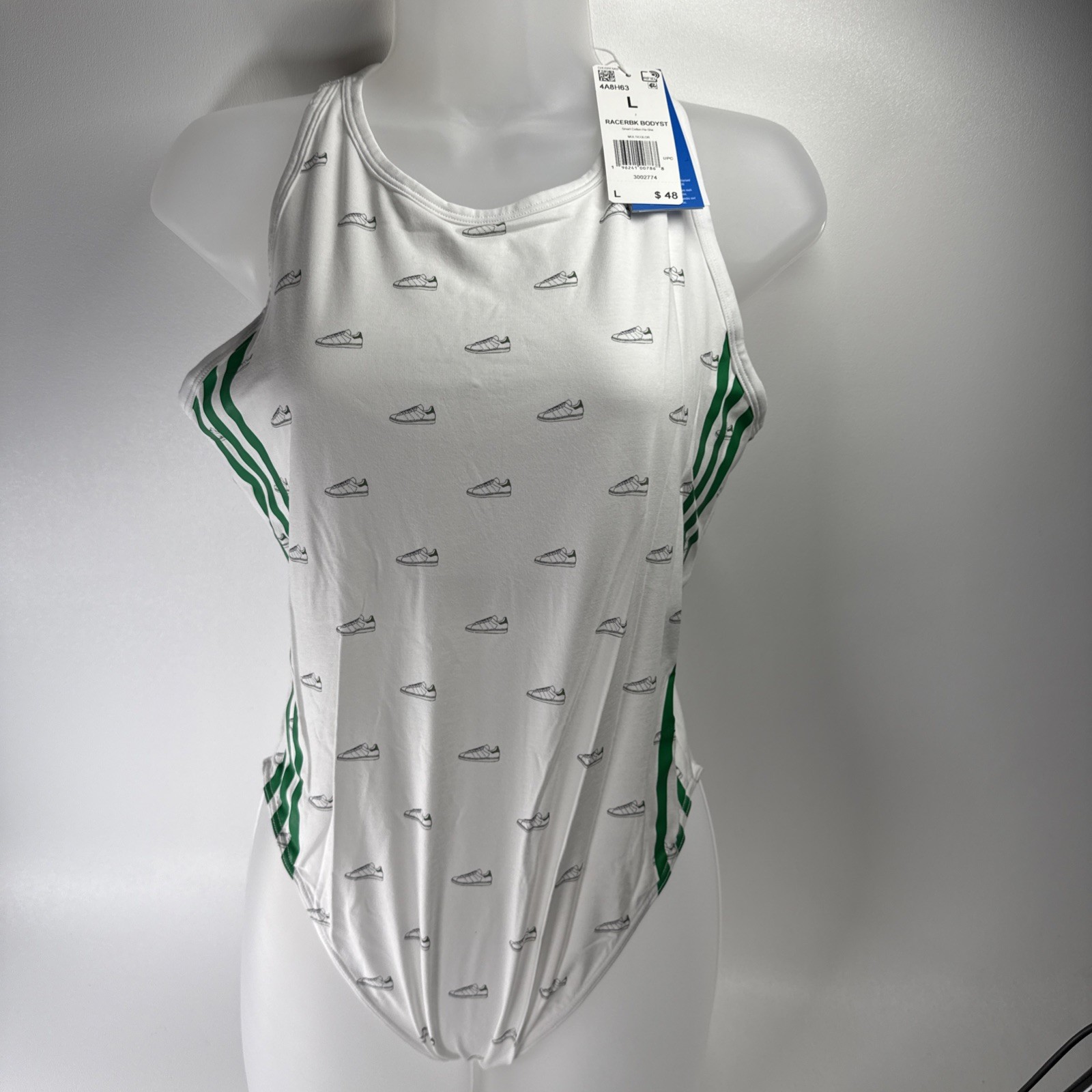 Size Women’s LARGE – adidas Racer Back Bodysuit White Green Multi – NEW WITH TAG