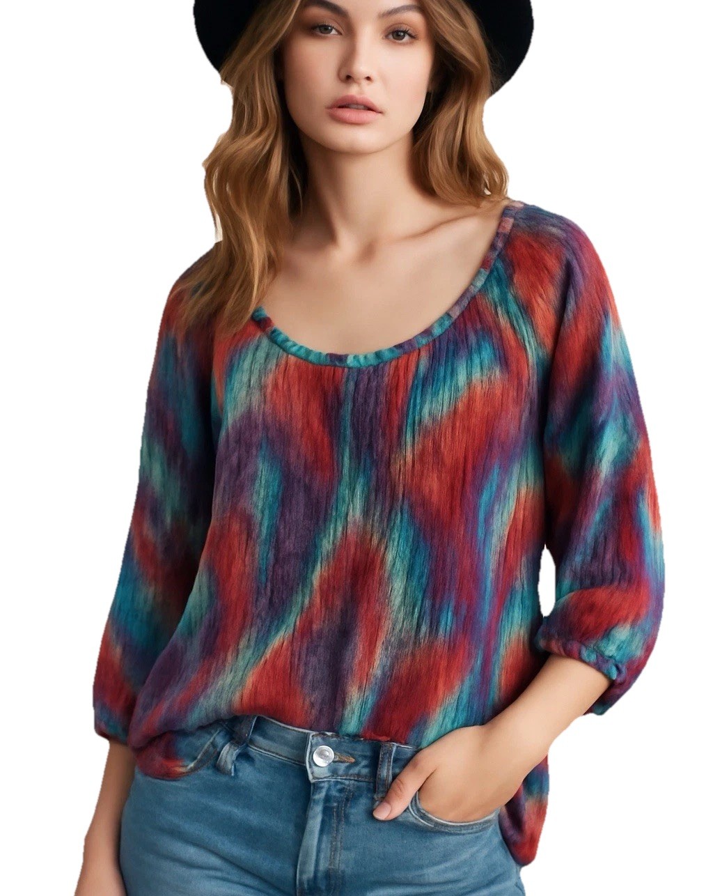 Democracy Blusa Mujer M Multicolor Abstracta Boho Peasant Top