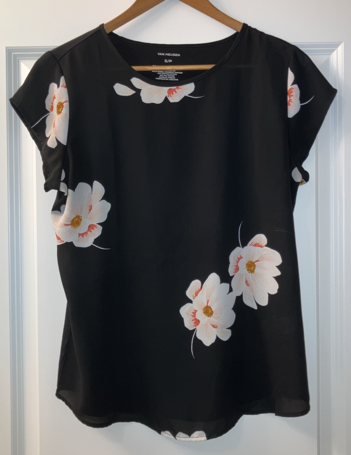 Van Heusen Womens Floral Mixed Media Blouse Short Cap Sleeve Black Pink S/P