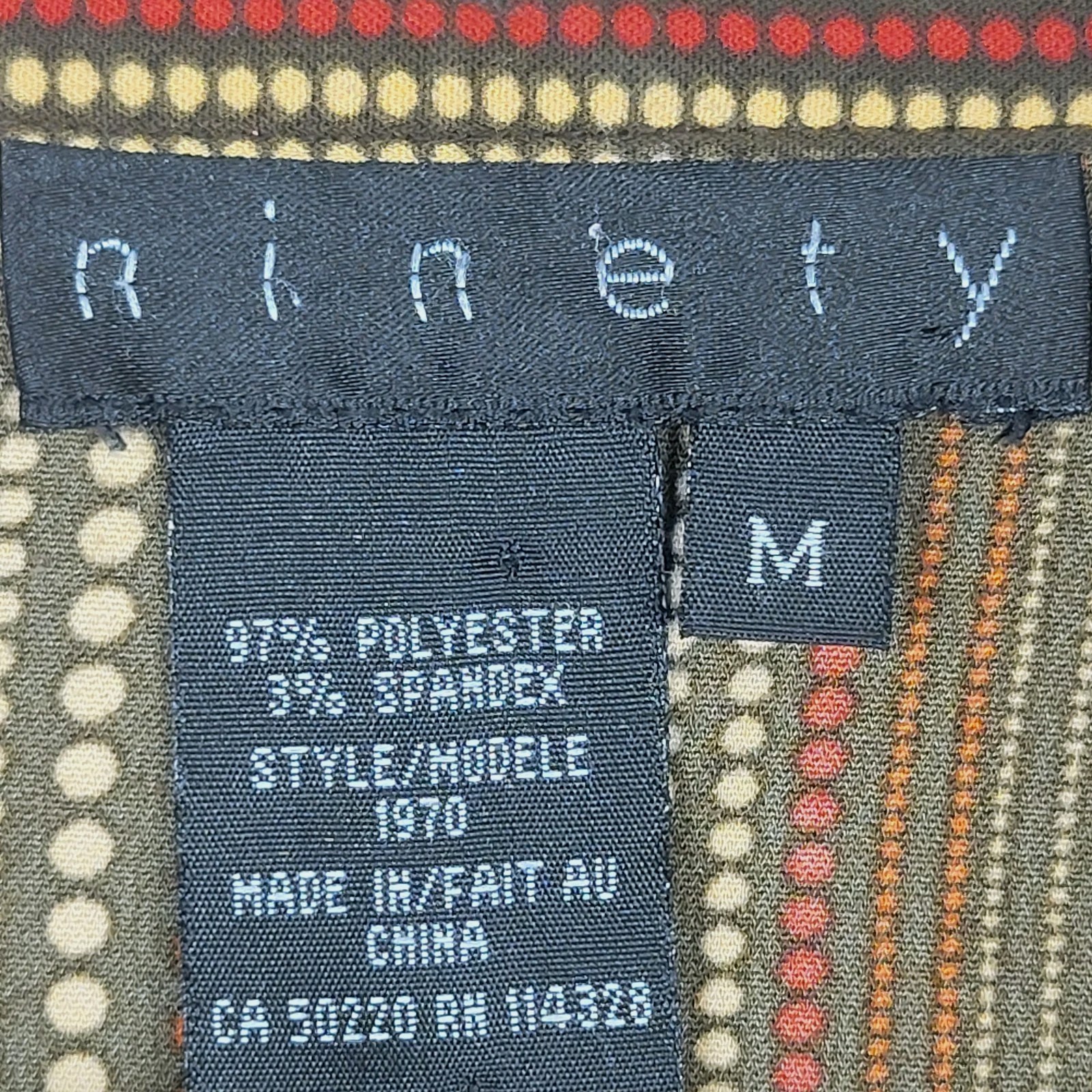 Ninety Womens Button Front Blouse M Brown Orange Dot Stripe Stretch Y2K Retro