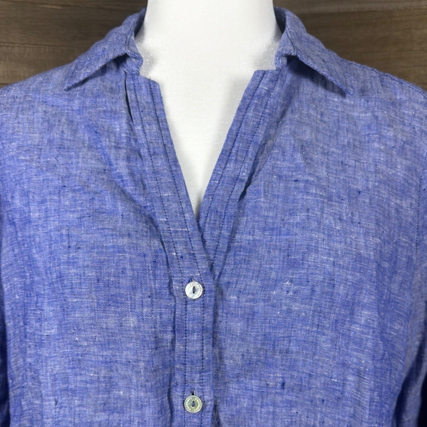 Foxcroft NYC Womens Blue 100% Linen Button Down Long Sleeve Shirt Size Medium