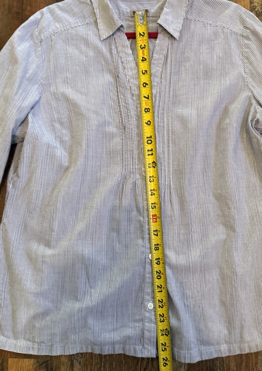 Chico’s Blue White Pin Striped Button Front Top Size 3/XL Roll Tab Sleeves