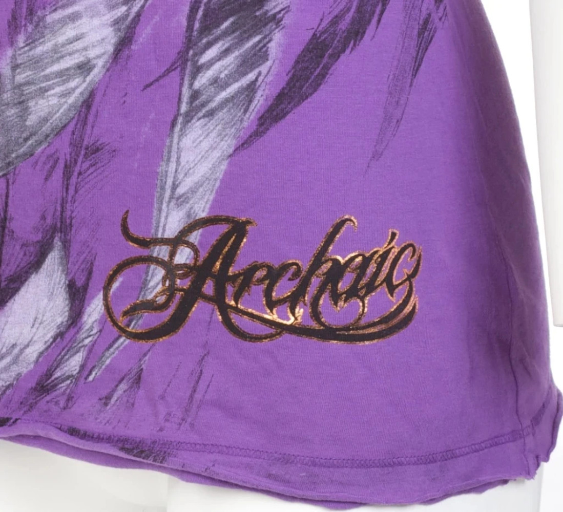 Archaic AFFLICTION Women’s T-Shirt SECOND LOVE Feathers PURPLE Tattoo Biker $40
