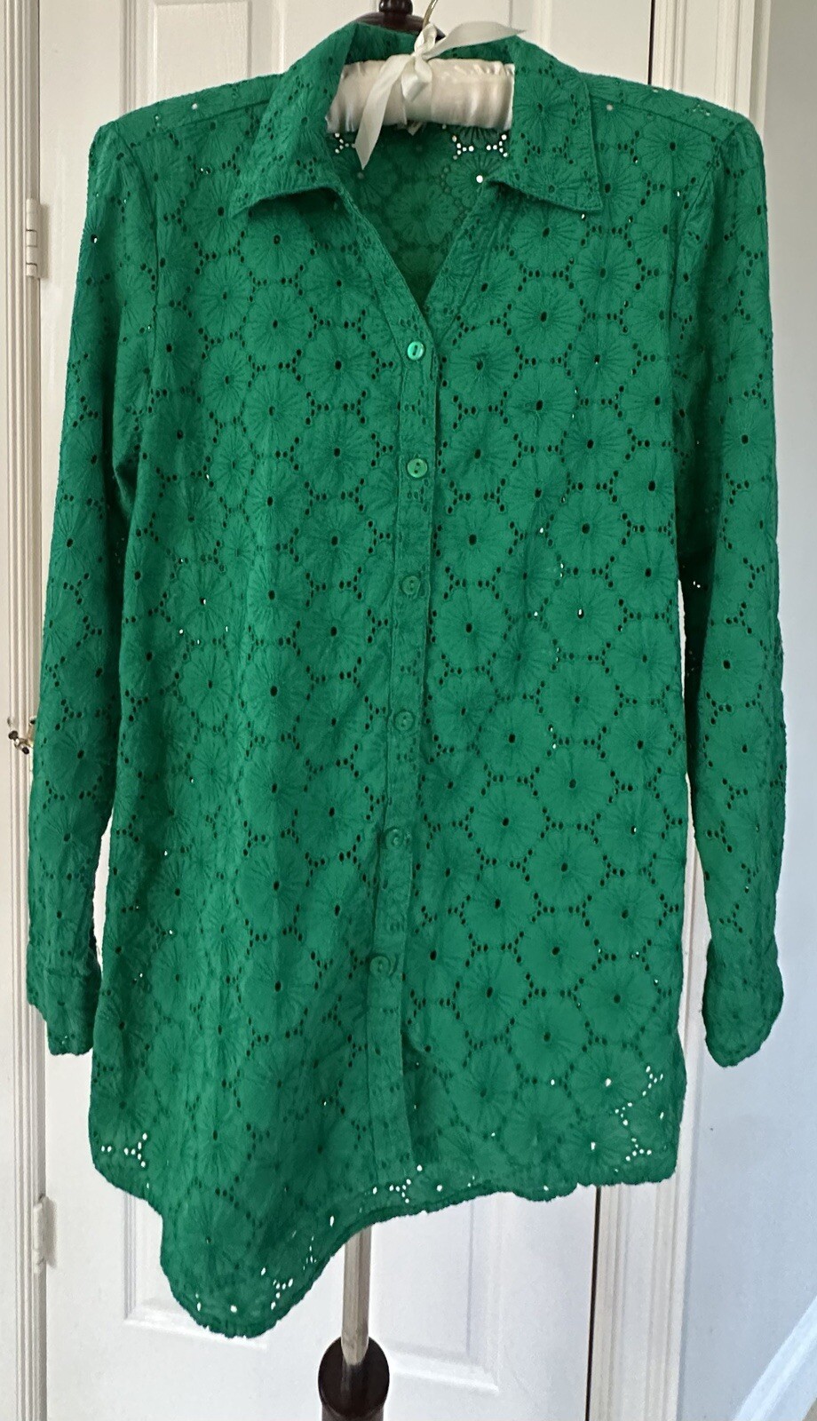 Nicole Miller Artelier Blouse Top Kelly Green Floral Eyelet Women’s Size XS