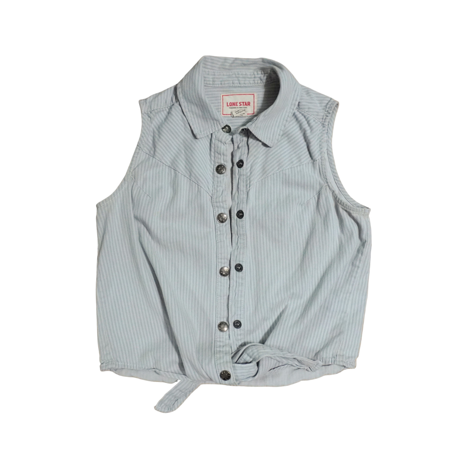 Lone Star Women’s Medium Sleeveless Top Denim Striped Blue White Button Up Tied