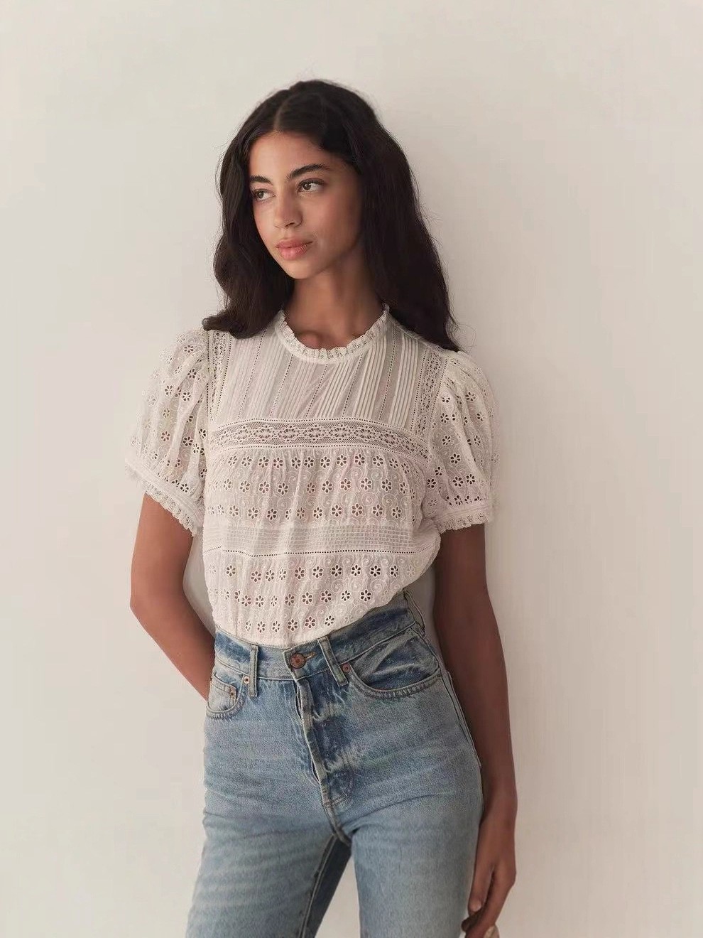DOEN Embroidered Lace Blouse Ruffle Collar Eyelet Top Womens